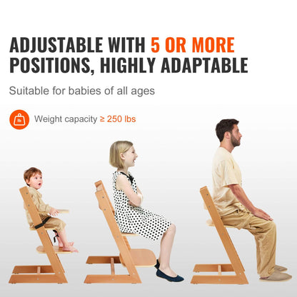Wooden chair adjustable for multiple users with text highlighting adaptability and weight capacity.