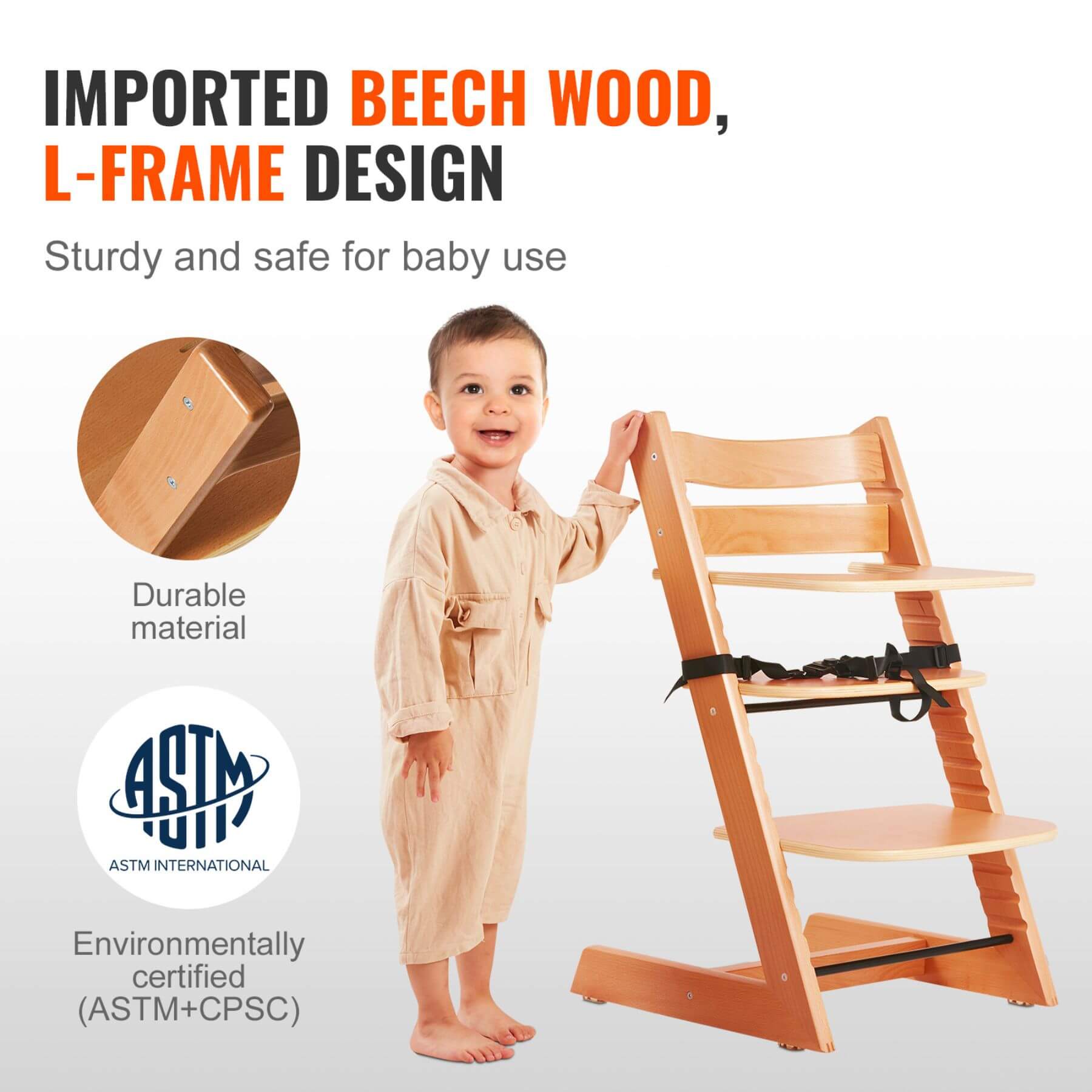 Wooden high chair with child, emphasizing imported beech wood and L-frame design.