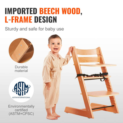 Wooden high chair with child, emphasizing imported beech wood and L-frame design.