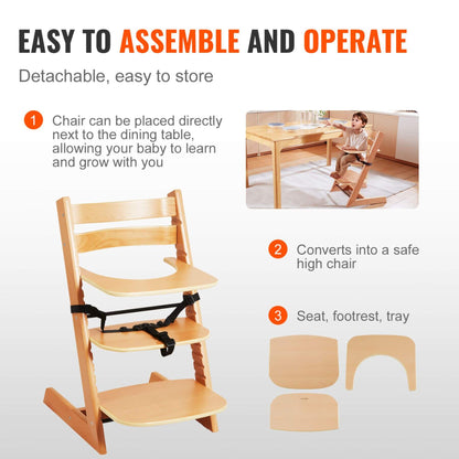 Wooden high chair with features highlighted on a white background