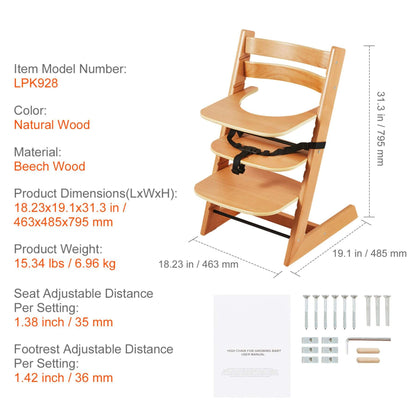Wooden high chair with specifications on a white background