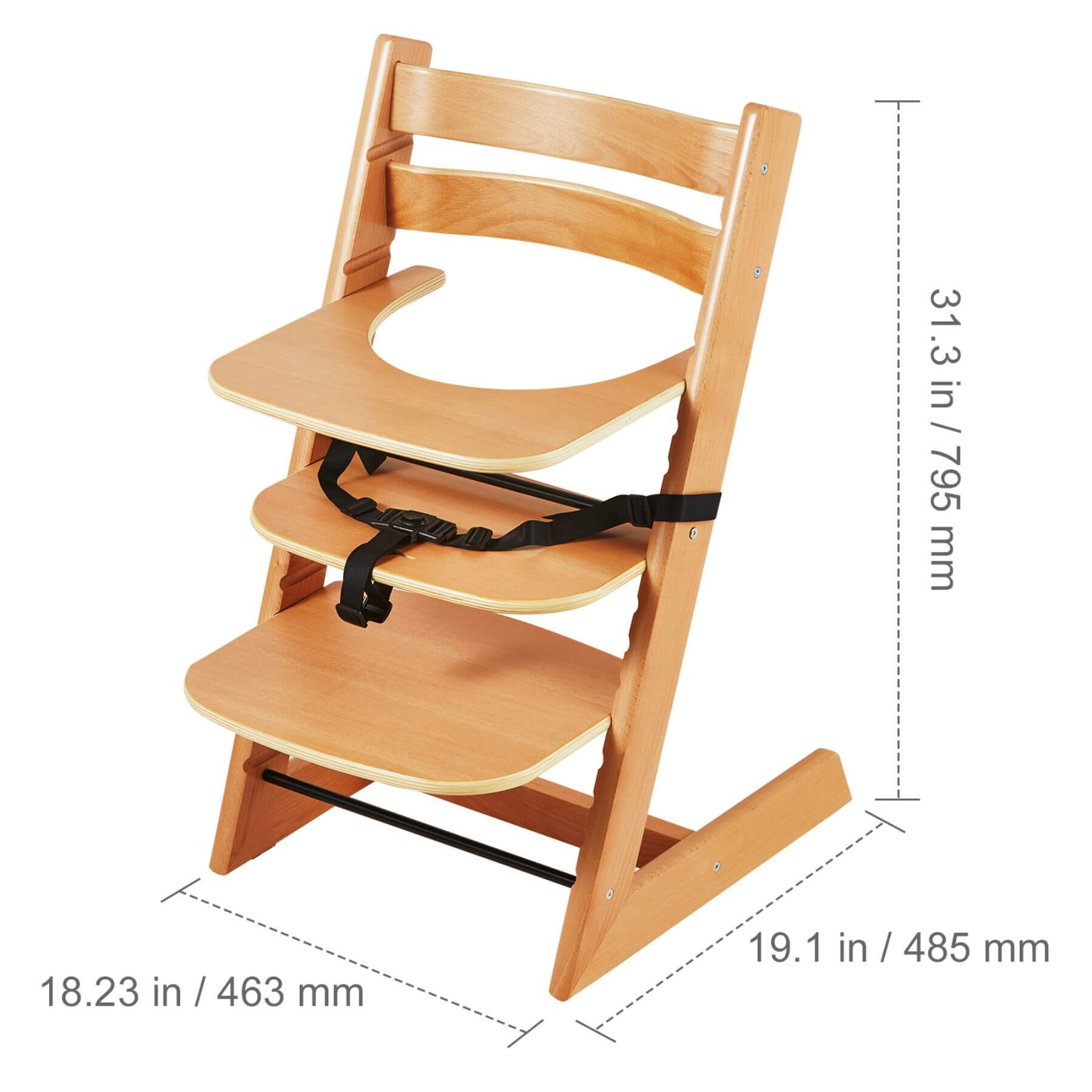 Wooden high chair with tray and dimensions on a white background