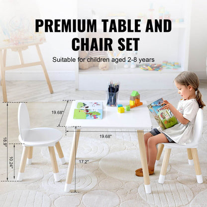 VEVOR Kids Multi-Activity Table and 2 Chairs Set - White with dimensions and a child using the set.