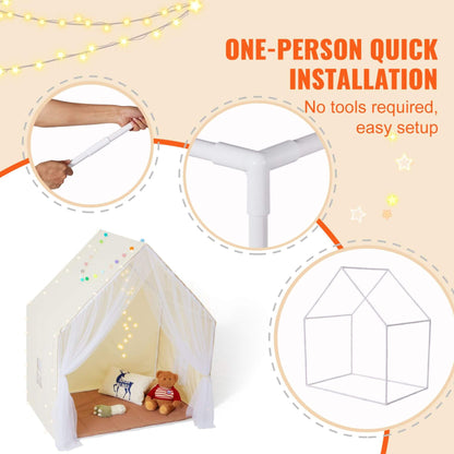 Children's play tent with one-person quick installation instructions and tools required text.