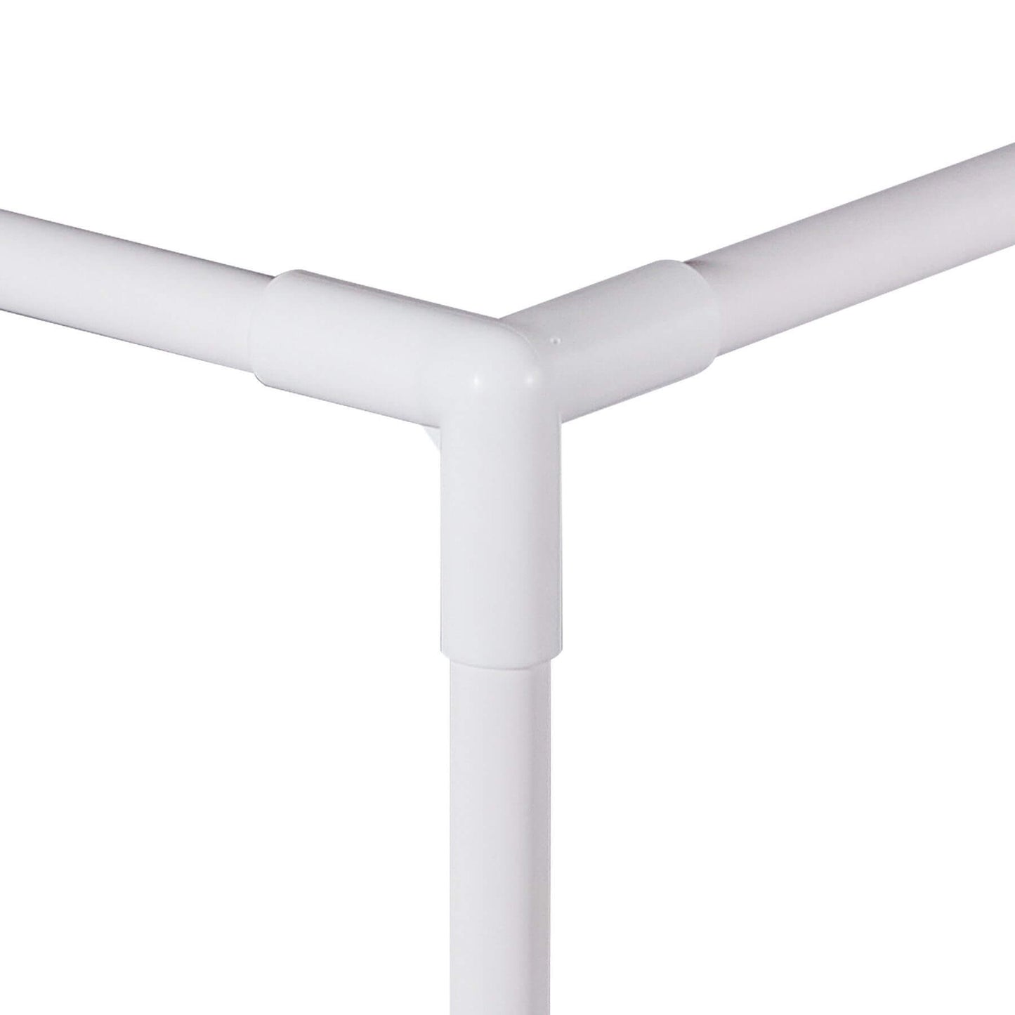 Close-up of a white metal pipe corner fitting on a white background