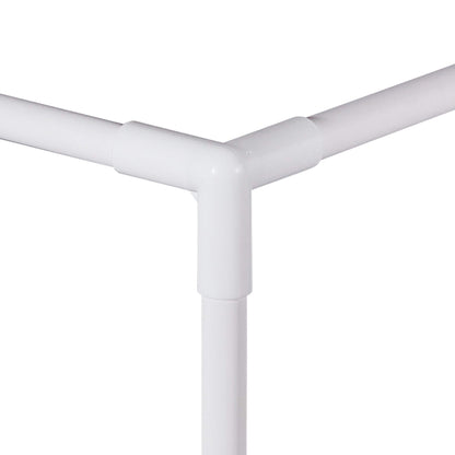 Close-up of a white metal pipe corner fitting on a white background
