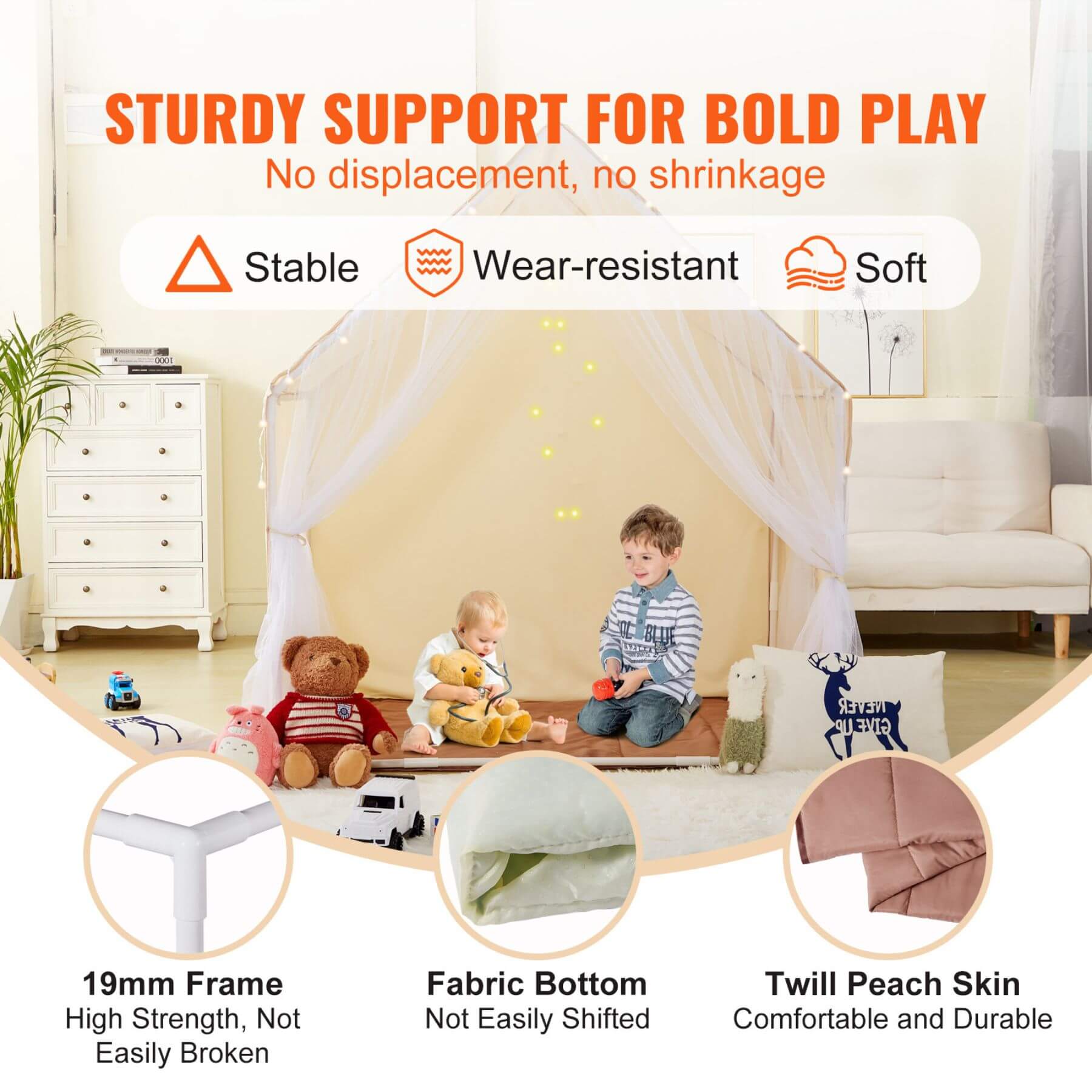 Children playing under a canopy with product features highlighted