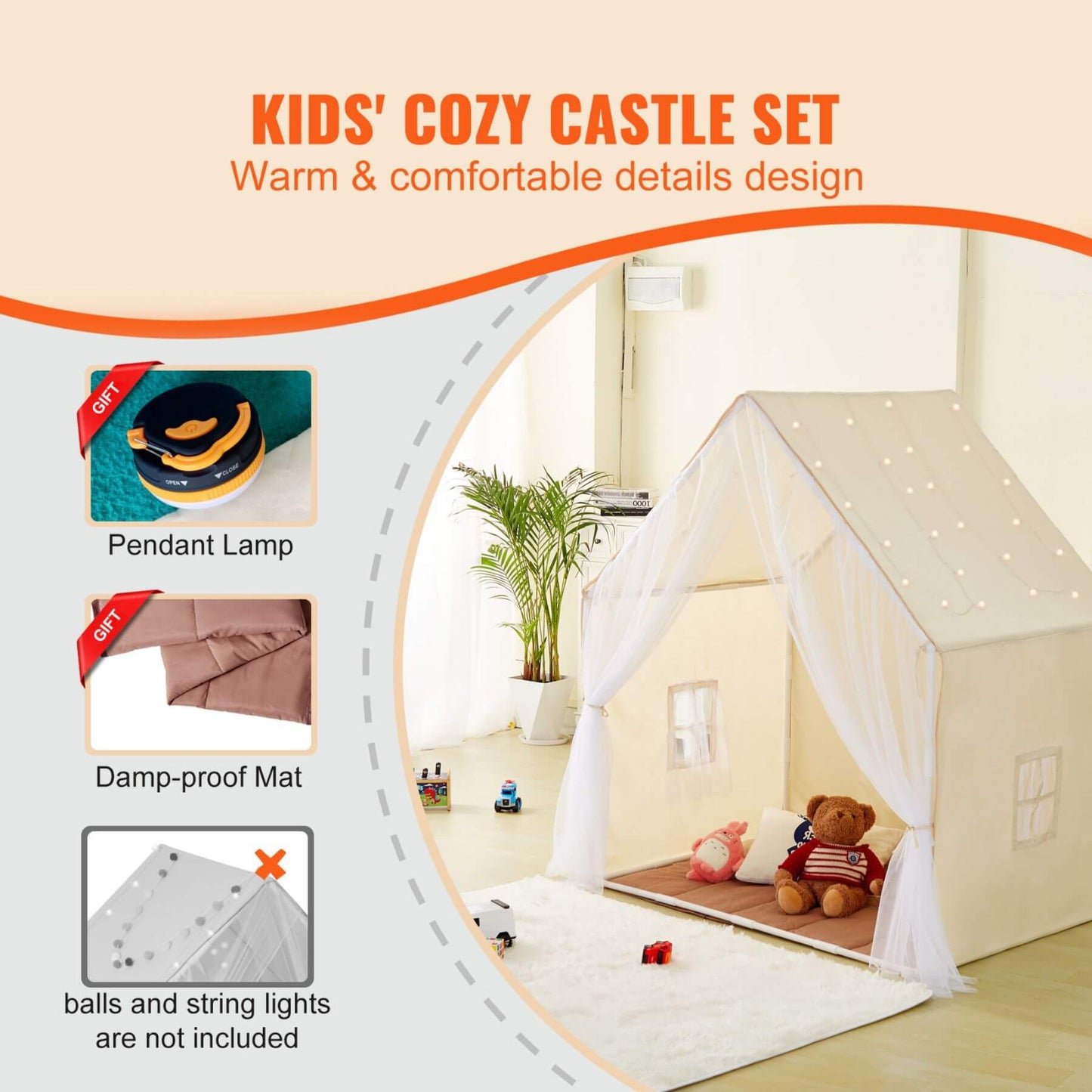 Children's cozy play tent with pendant lamp and damp-proof mat in a room setting.