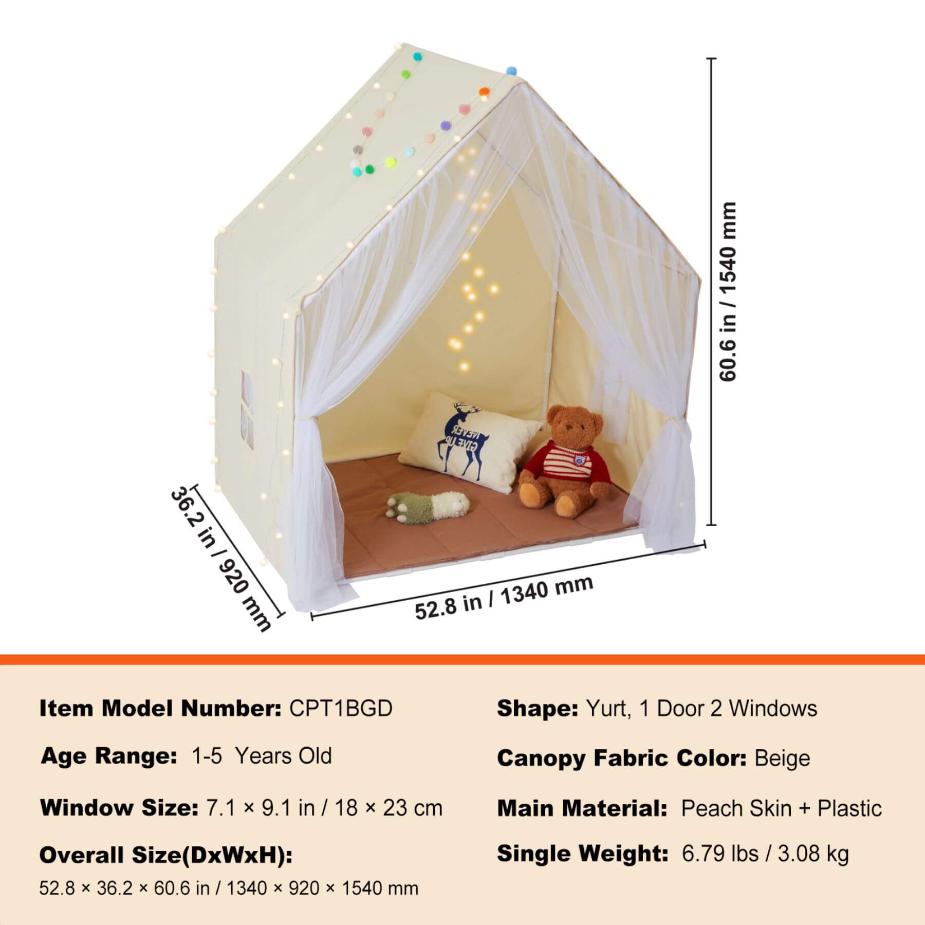 Children's play tent with measurements and product details on a white background