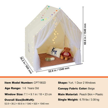 Children's play tent with measurements and product details on a white background