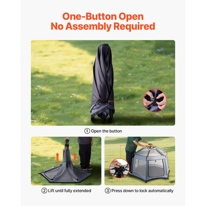 Instructions for opening a portable pet pen with a button on a grassy background.