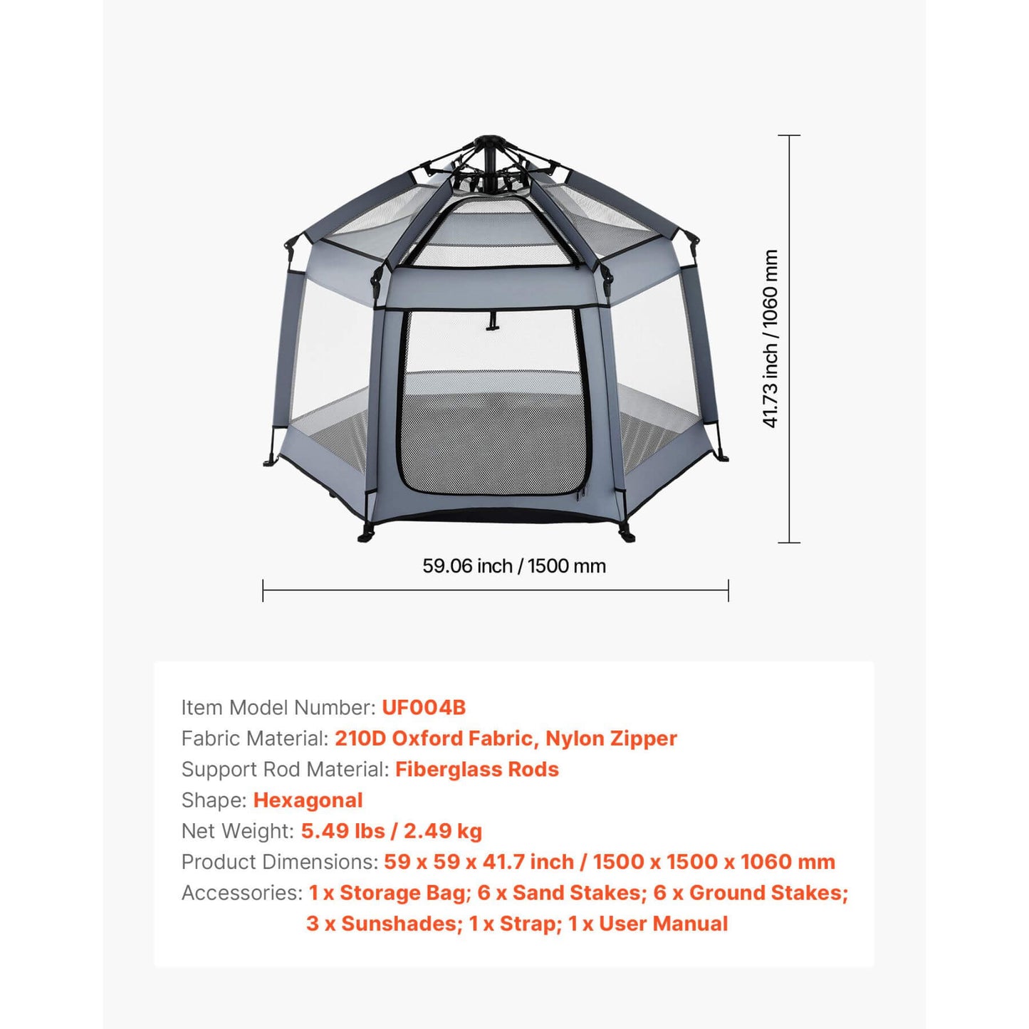 VEVOR Pop Up Toddler Playpen with Canopy with specifications on a white background