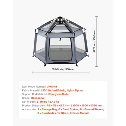 VEVOR Pop Up Toddler Playpen with Canopy with specifications on a white background