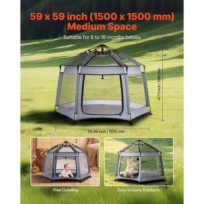 Baby playpen with dimensions and usage scenarios on a grassy background