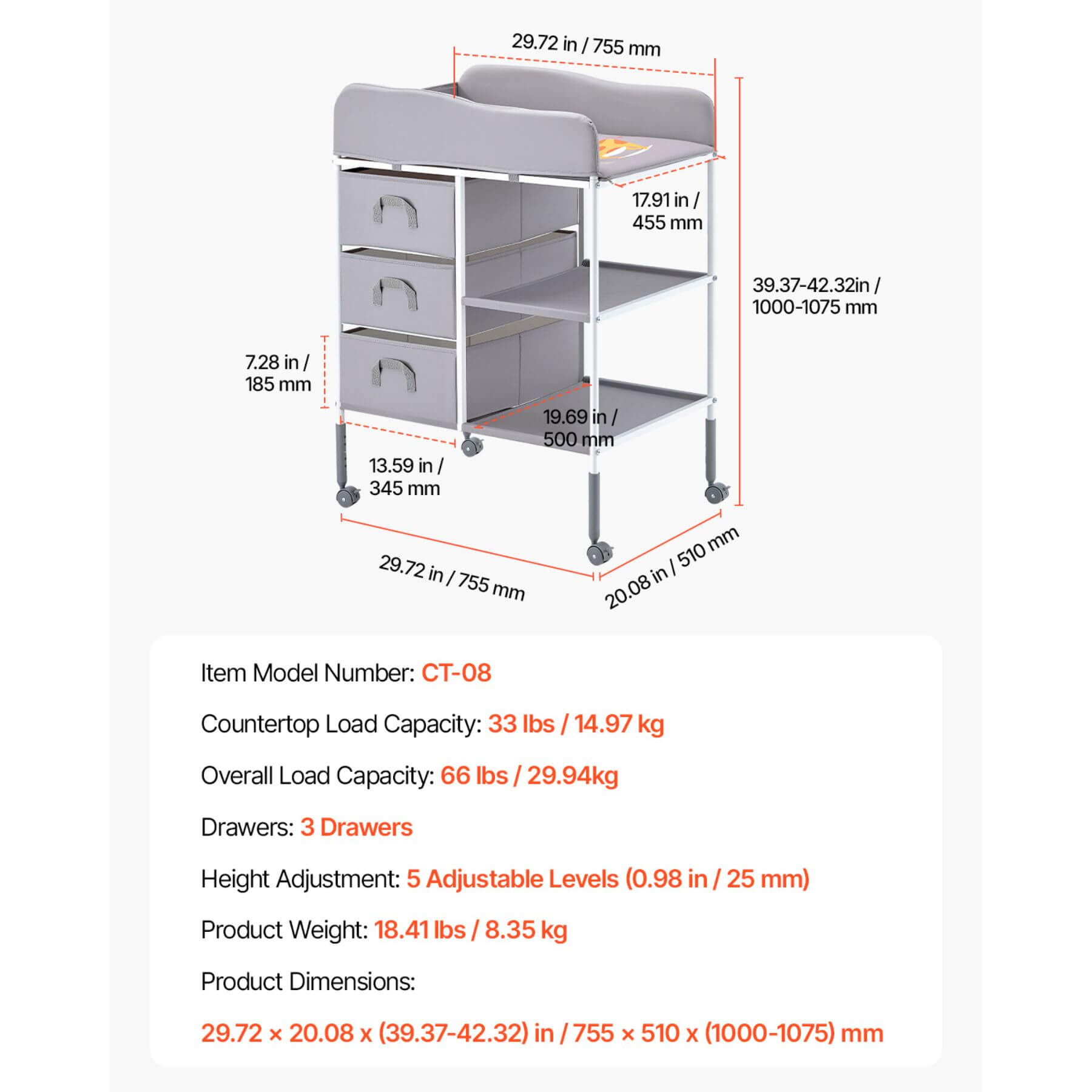 Measurement chart of VEVOR Portable Diaper Change Station with 3 Drawers & Wheels with dimensions and specifications.