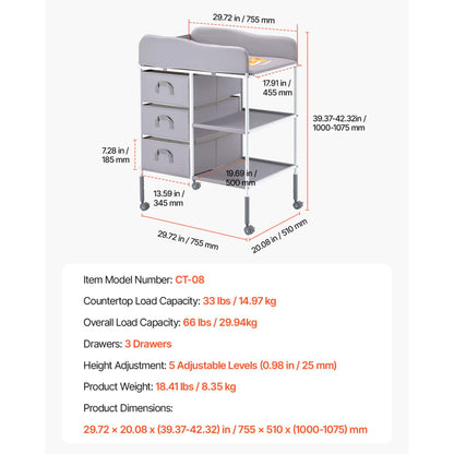 Measurement chart of VEVOR Portable Diaper Change Station with 3 Drawers & Wheels with dimensions and specifications.