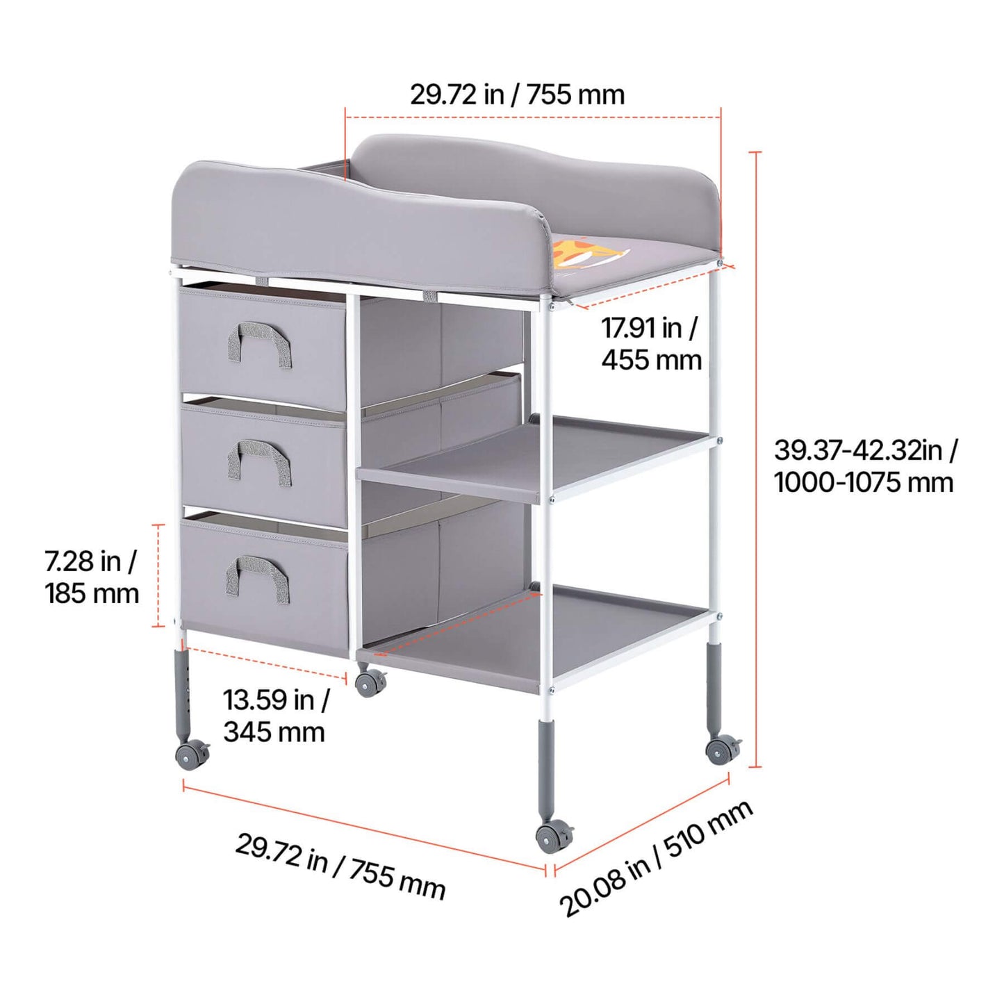 VEVOR Portable Diaper Change Station with 3 Drawers & Wheels with dimensions