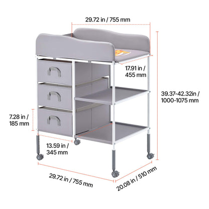 VEVOR Portable Diaper Change Station with 3 Drawers & Wheels with dimensions