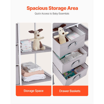 Storage area with shelves and drawers containing baby items, labeled 'Spacious Storage Area' and 'Quick Access to Baby Essentials'.
