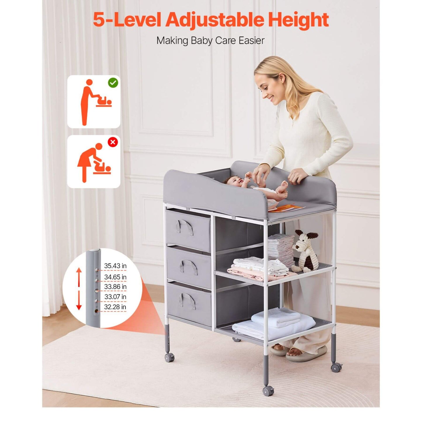 Baby changing table with adjustable height feature, woman interacting with baby, and product dimensions displayed.