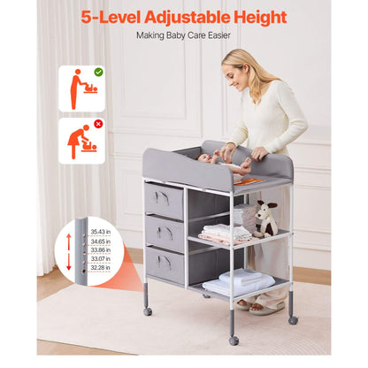 Baby changing table with adjustable height feature, woman interacting with baby, and product dimensions displayed.