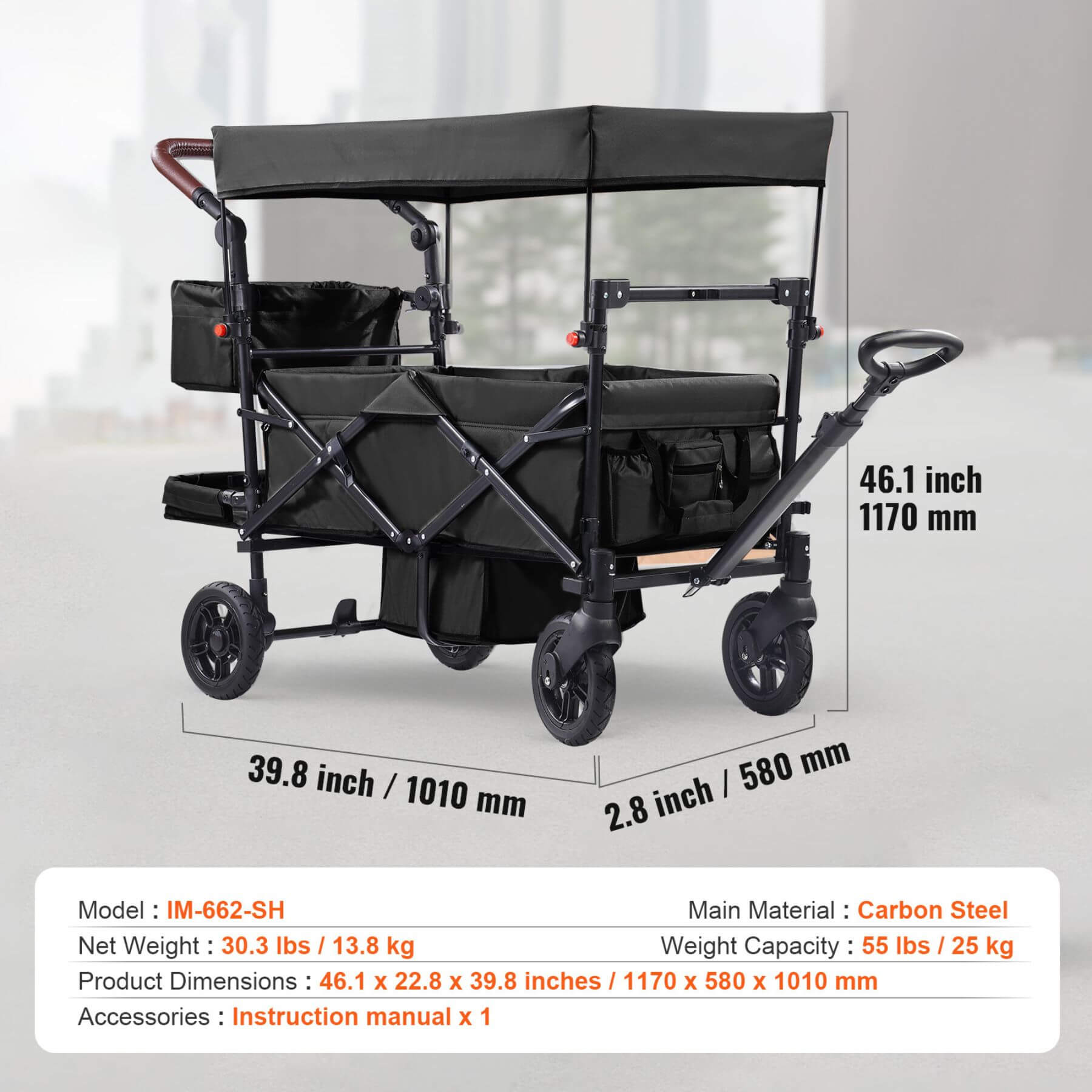 VEVOR Wagon Stroller in Black on a white background, showing dimensions and product details.