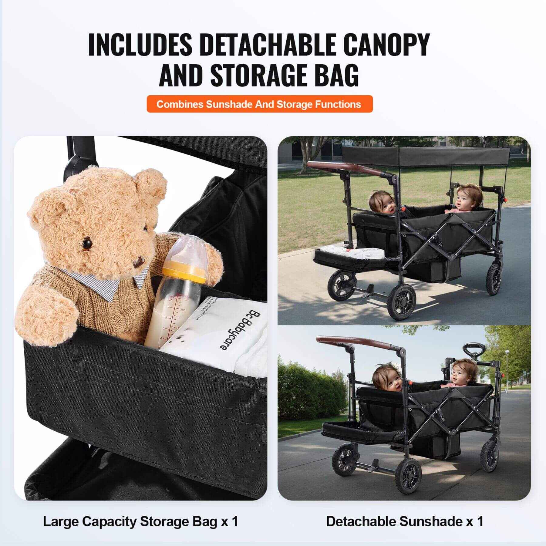 Collapsible stroller with detachable canopy and storage bag, featuring a teddy bear and baby bottle.