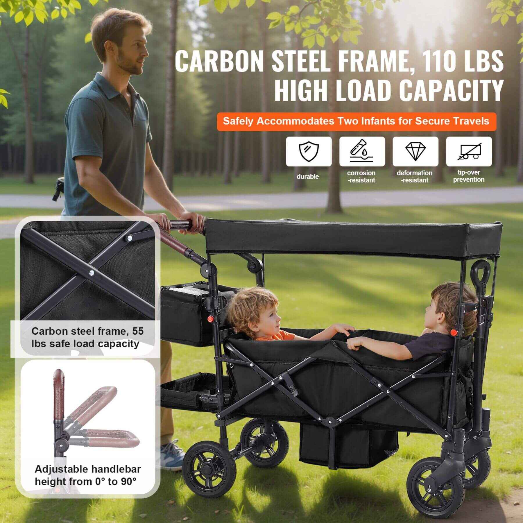 Man pushing VEVOR Wagon Stroller in Black with two children in a park, highlighting features like carbon steel frame and high load capacity.