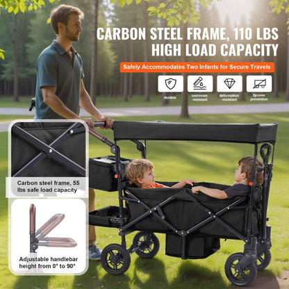 Man pushing VEVOR Wagon Stroller in Black with two children in a park, highlighting features like carbon steel frame and high load capacity.