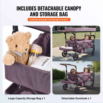 Collapsible stroller with detachable canopy and storage bag, featuring a teddy bear and baby bottle.