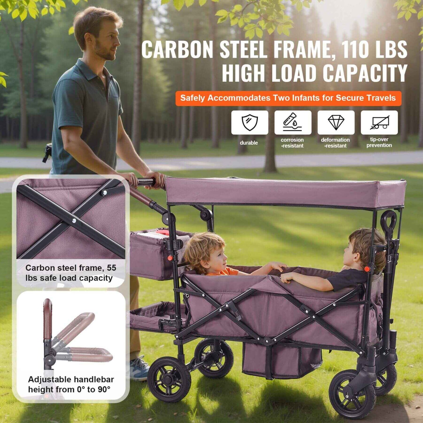 VEVOR Wagon Stroller - Dark Purple with carbon steel frame and high load capacity, used outdoors.