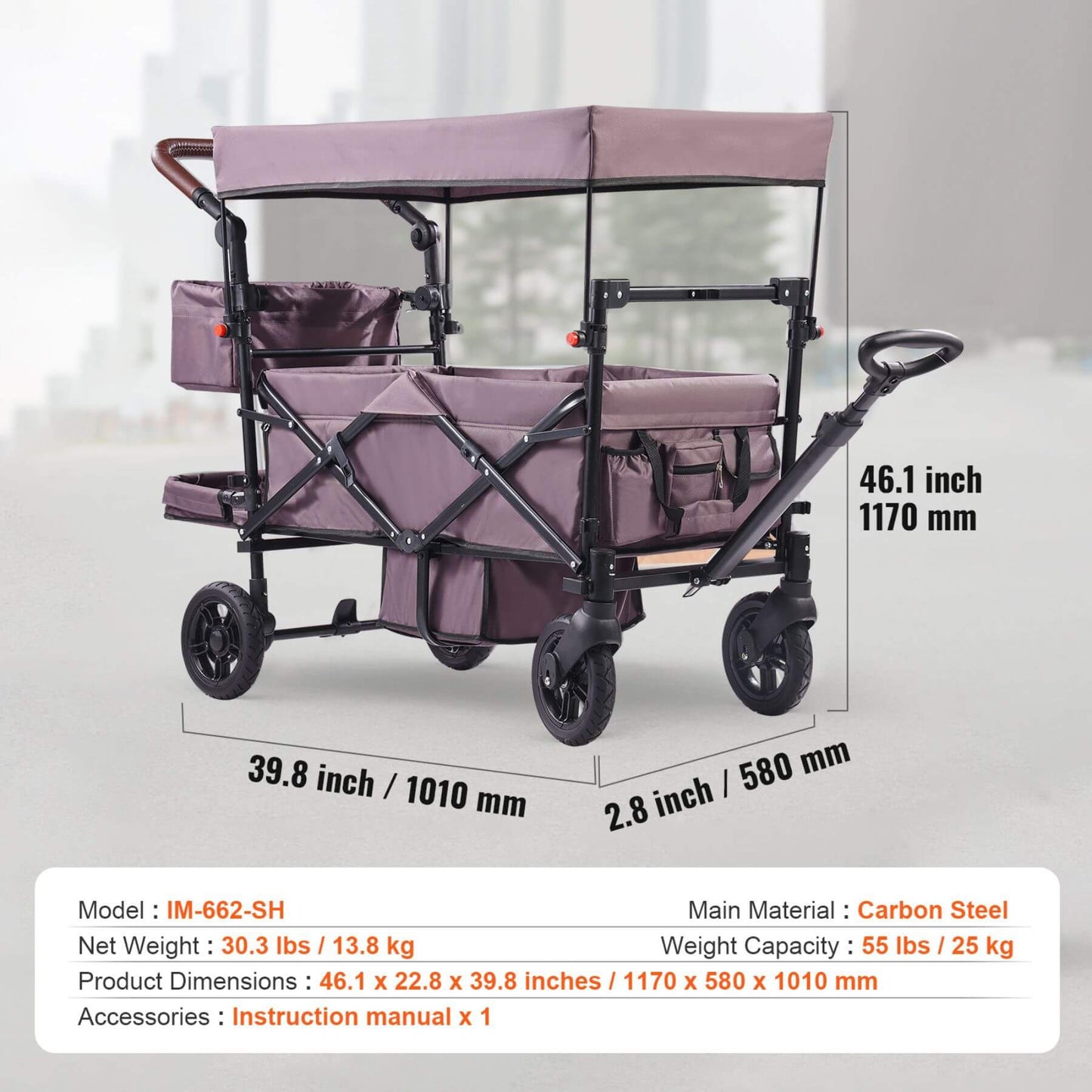 VEVOR Wagon Stroller - Dark Purple on a light gray background, showing dimensions and product details.
