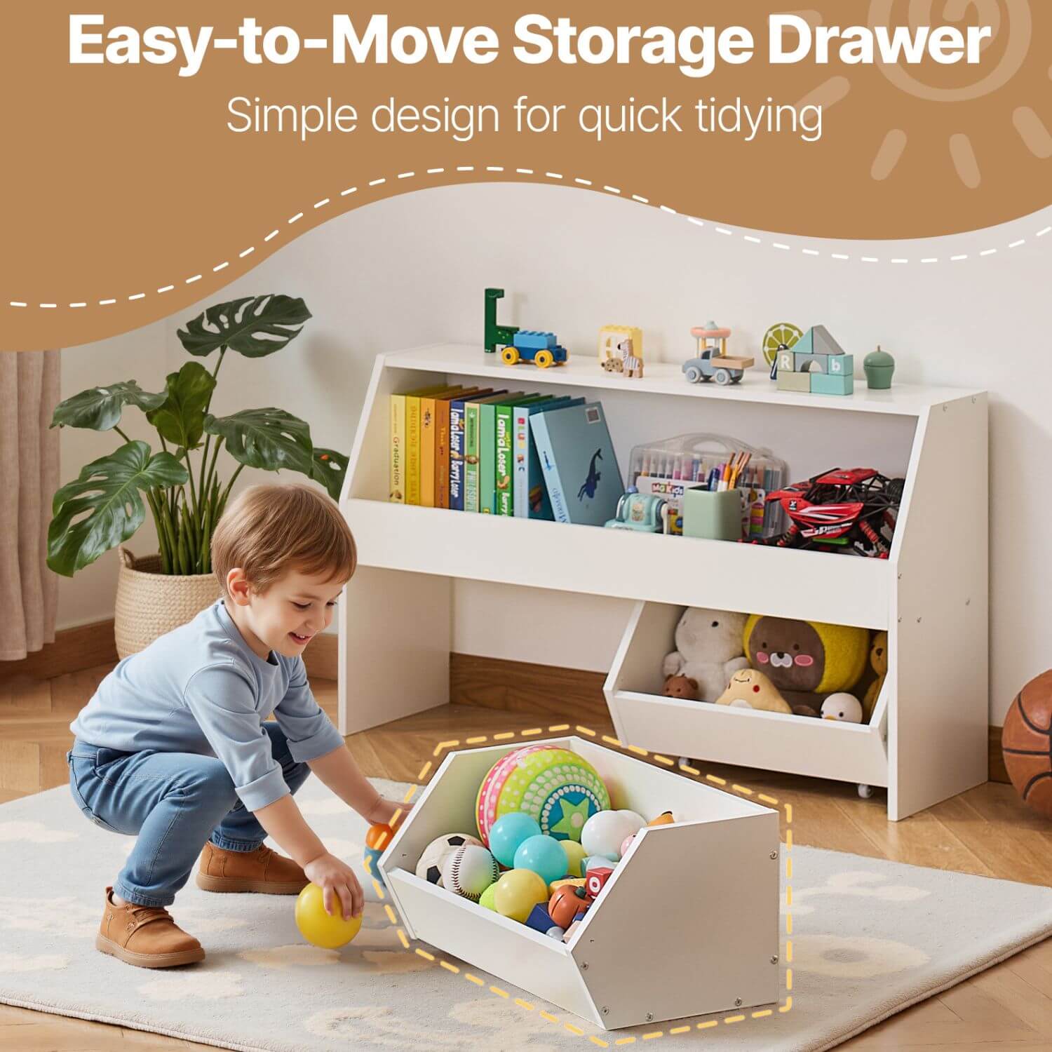 Child playing with toys near a storage drawer in a room with books and toys.