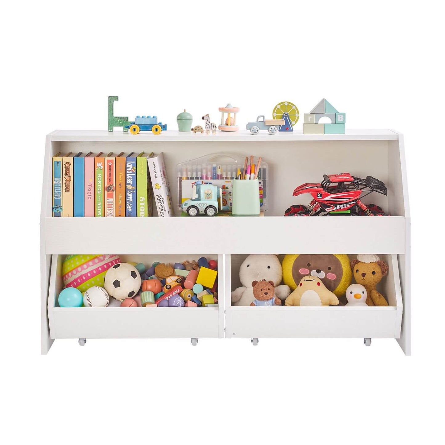 White toy storage unit with books, toys, and stationery on a white background