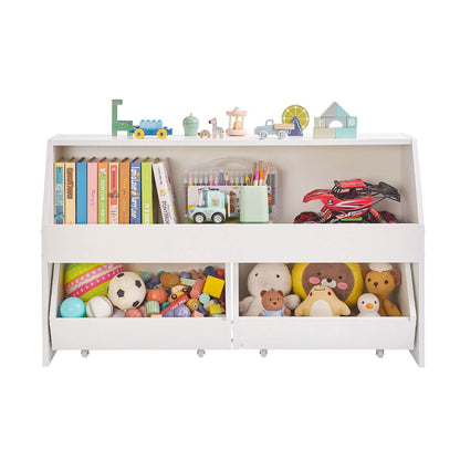 White toy storage unit with books, toys, and stationery on a white background