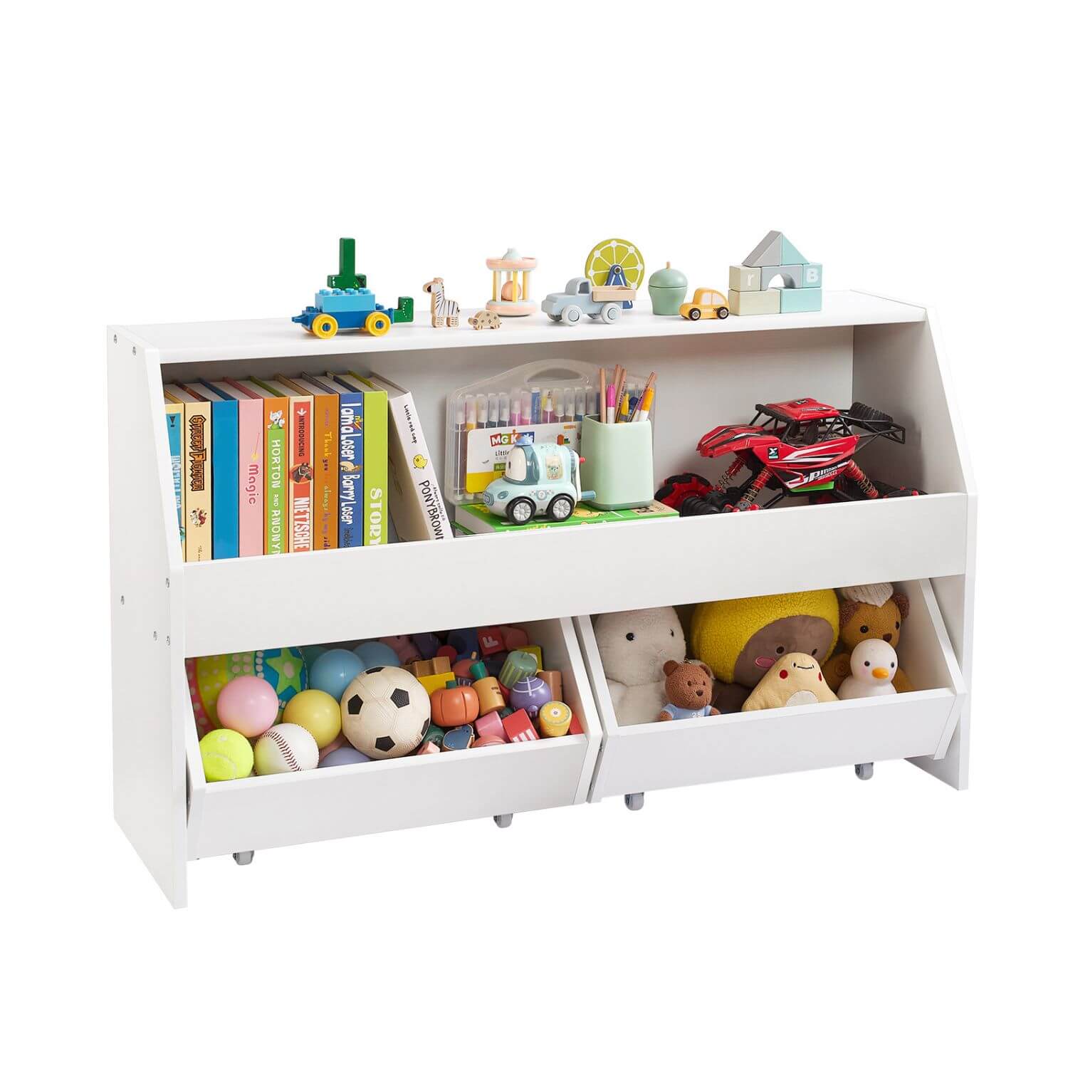 White children's toy shelf with books, toys, and decorative items on a white background