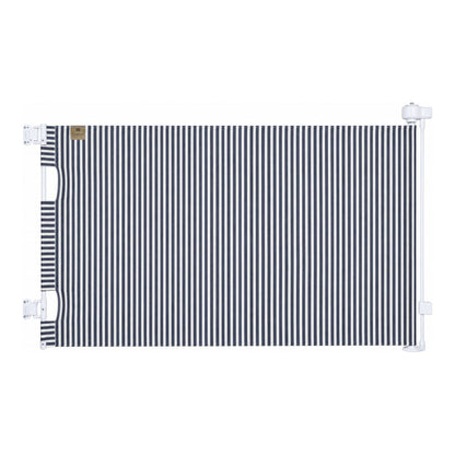 A horizontal baby safety guard with navy blue and white vertical stripes, mounted on a white frame with white plastic hardware.