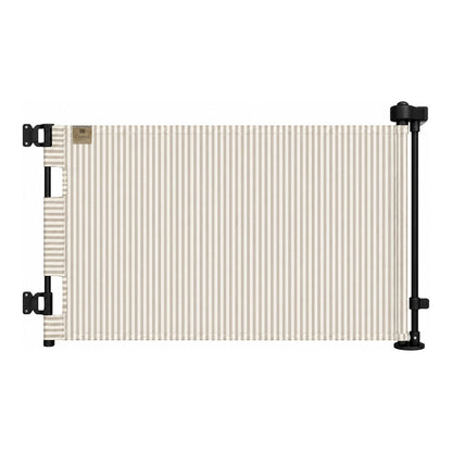 A retractable patio canopy with beige and white vertical stripes, mounted on a black metal frame with mounting brackets on a white background.