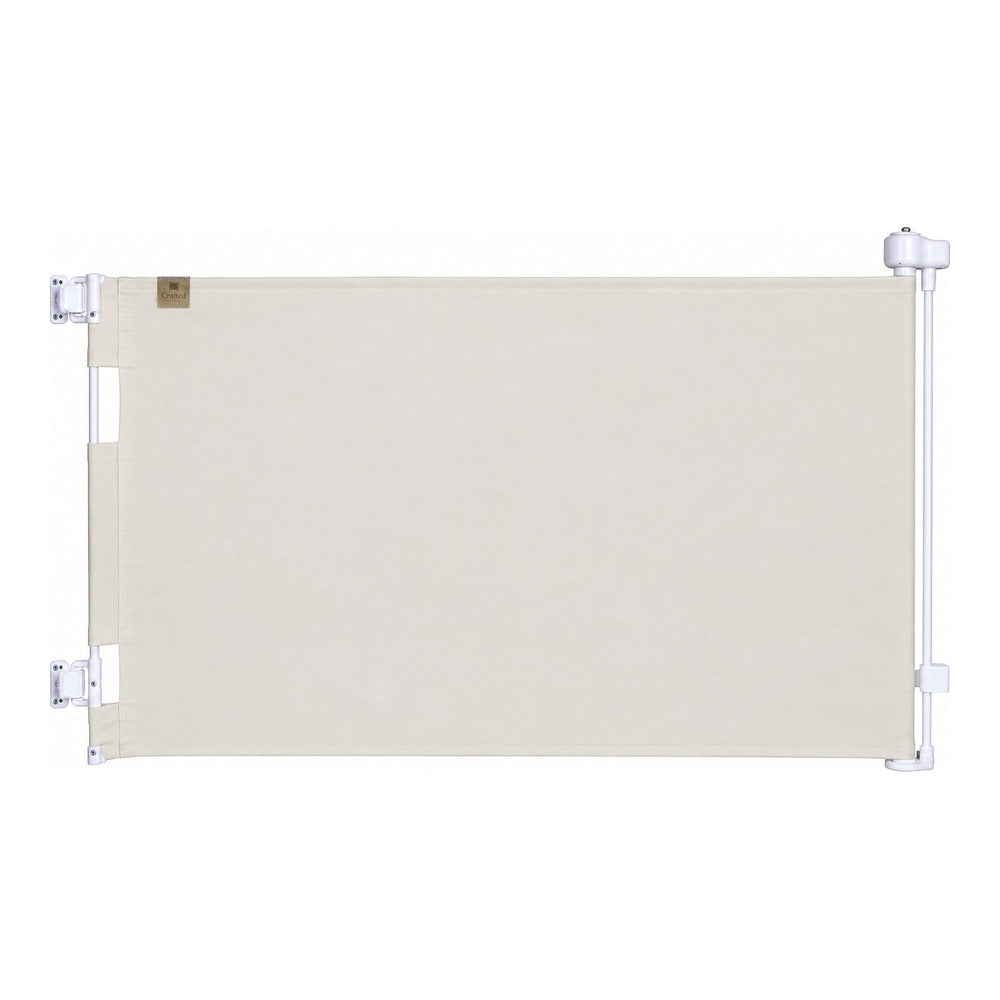A beige fabric safety window screen panel mounted on a white metal frame, shown against a plain white background.