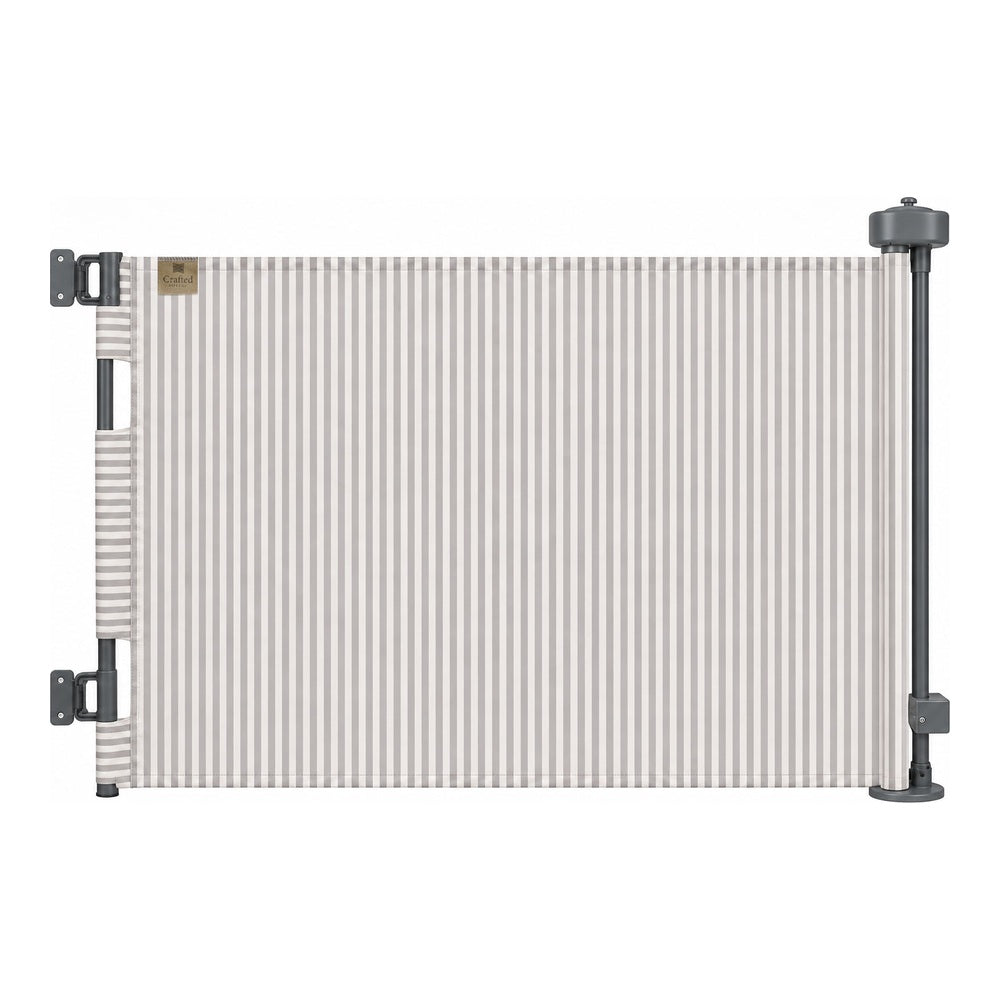 A retractable awning with a beige and white vertical stripe pattern, mounted on a dark gray metal frame against a solid white background.