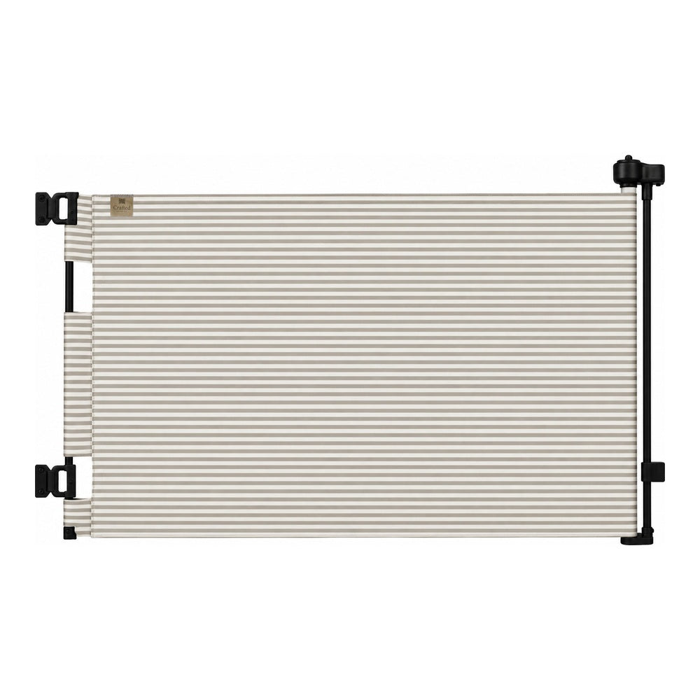 A horizontal window shade or privacy panel with narrow beige and white stripes, mounted on a black metal frame against a plain white background.