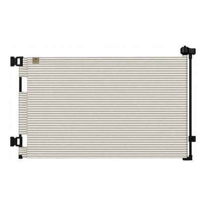 A horizontal window shade or privacy panel with narrow beige and white stripes, mounted on a black metal frame against a plain white background.