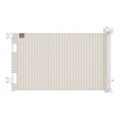 A horizontal baby safety gate with a beige and white vertical stripe pattern, mounted on a white metal frame with white brackets.
