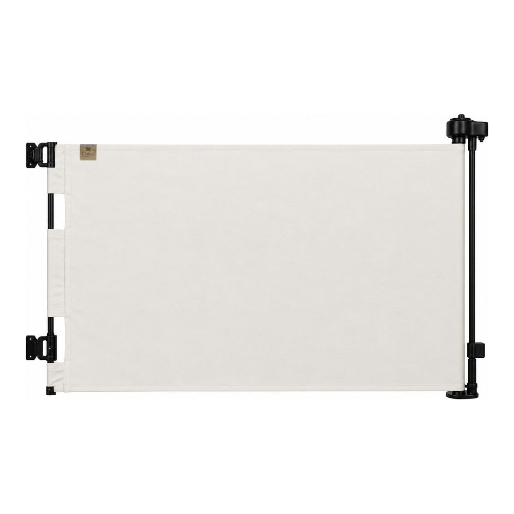 A white fabric pet gate with black metal mounting hardware on both sides, shown against a plain white background.