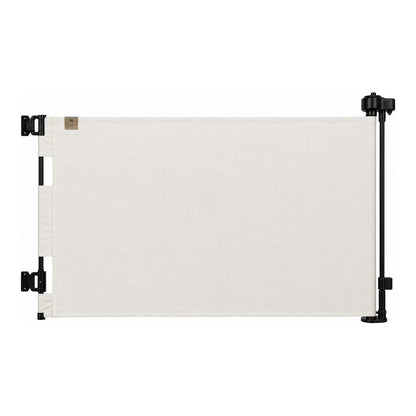 A white fabric pet gate with black metal mounting hardware on both sides, shown against a plain white background.
