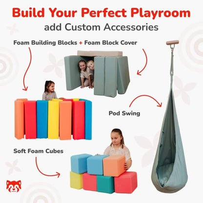 Playroom accessories including foam building blocks, a pod swing, and soft foam cubes with children playing.