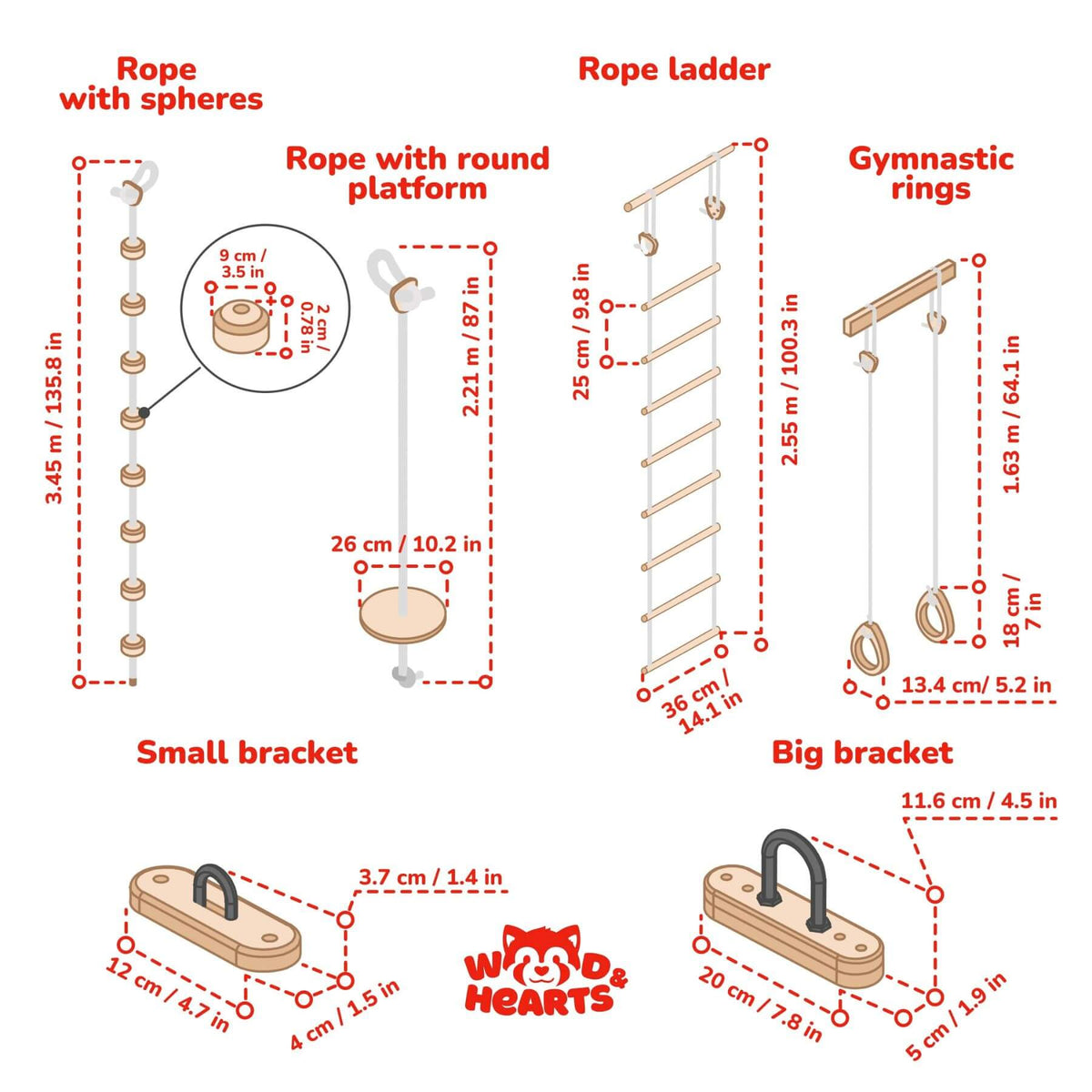 Dimension diagram for Wood and Hearts Climbing Wall Playground