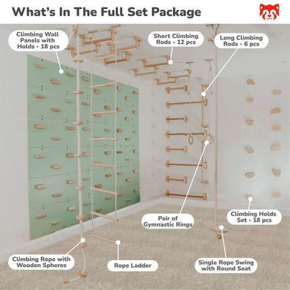 A labeled infographic showing the contents of a climbing wall set package, with callouts pointing to climbing wall panels, short and long climbing rods, climbing holds, a rope ladder, gymnastic rings, a rope swing with a round seat, and a rope with wooden spheres.