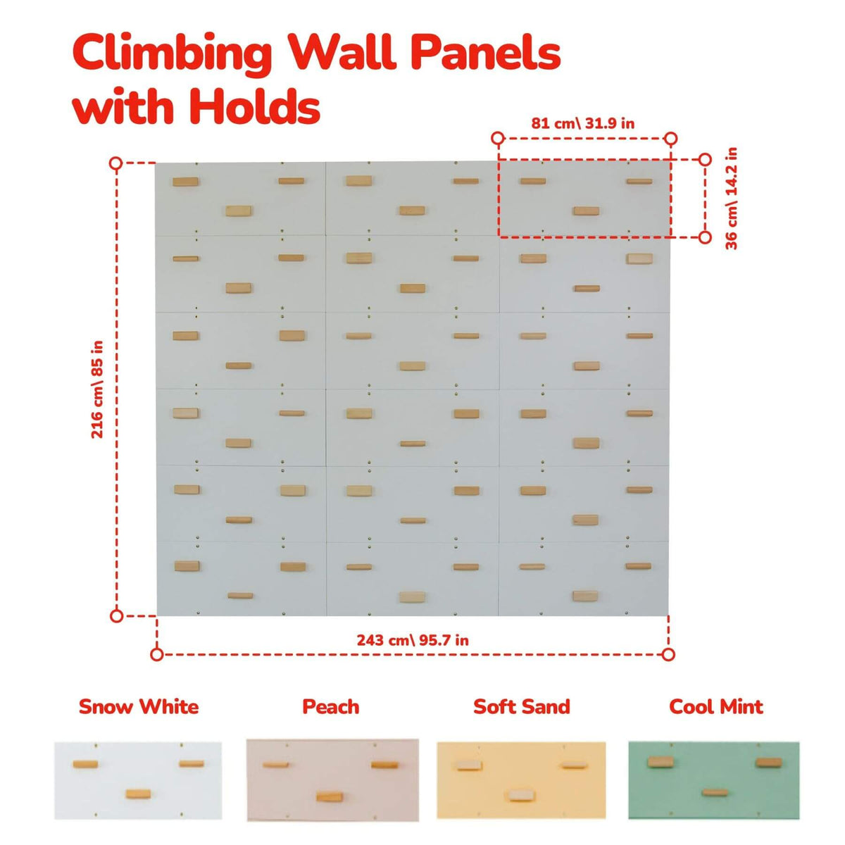 Climbing wall panels with wooden climbing holds shown with red dimension callouts and a row of color options labeled Snow White, Peach, Soft Sand, and Cool Mint.