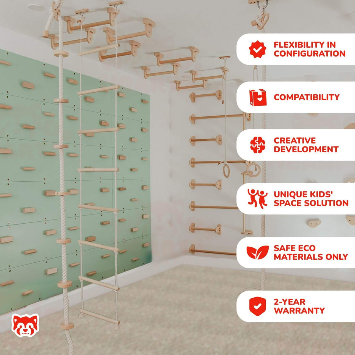 Wood and Hearts Indoor Play Gym mounted on a white wall. White promotional text bubbles on the right list features like flexibility in configuration, compatibility, creative development, unique kids' space solution, safe eco materials only, and 2-year warranty.